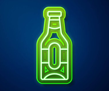 Parlayan neon hattı bira şişesi ikonu mavi arka planda izole edildi. Vektör.