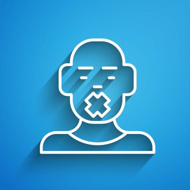 White line Head of deaf and dumb guy icon isolated on blue background. Dumbness sign. Disability concept. Long shadow. Vector.