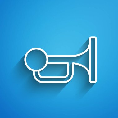 Mavi arkaplanda beyaz çizgi işaret kornası var. Uzun gölge. Vektör.