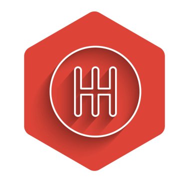 Beyaz çizgi şekil değiştiren simgesi uzun gölgeli izole edilmiş. İletişim simgesi. Kırmızı altıgen düğmesi. Vektör.