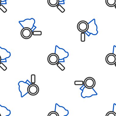 Çizgi Veterinerlik Kliniği sembolü beyaz arka planda izole edilmiş kusursuz desen. Kedi veteriner bakımlı büyüteç. Evcil hayvan ilk yardım işareti. Renkli taslak konsepti. Vektör.