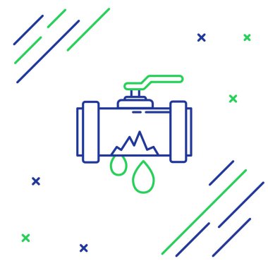 Kırık metal boru ve sızdıran su ikonu beyaz arka planda izole edilmiş. Renkli taslak konsepti. Vektör.