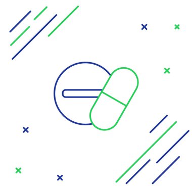 Beyaz arka planda izole edilmiş çizgi ilacı veya tablet ikonu. Kapsül hapı ve uyuşturucu işareti. Eczane tasarımı. Renkli taslak konsepti. Vektör.