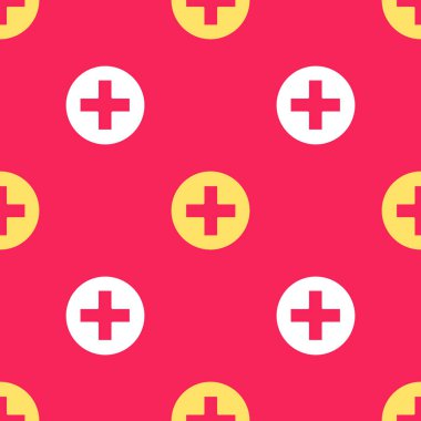 Sarı Haç hastanesinin tıbbi ikonu kırmızı arka planda izole edilmiş. İlk yardım. Teşhis sembolü. İlaç ve eczane işareti. Vektör İllüstrasyonu.