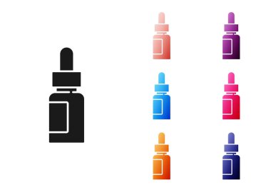 Siyah esaslı yağ şişesi simgesi beyaz arka planda izole edilmiş. Organik aromaterapi özü. Cilt bakımı serumu cam bırakma paketi. Simgeleri renklendirin. Vektör.