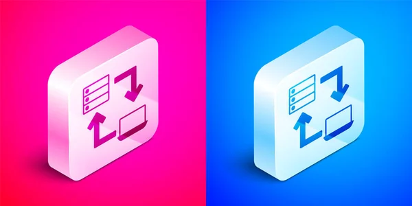 Isometrische Online Werken Pictogram Geïsoleerd Roze Blauwe Achtergrond Een Freelancer — Stockvector