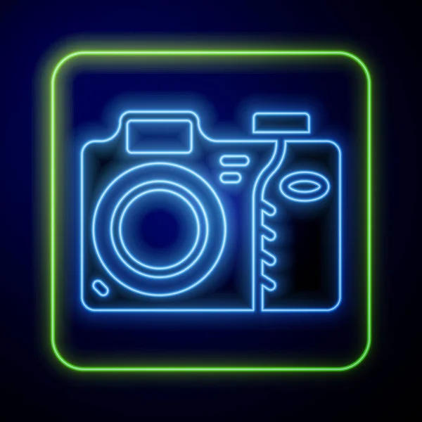 Icono Cámara Fotográfica Neón Brillante Aislado Sobre Fondo Azul Icono — Vector de stock