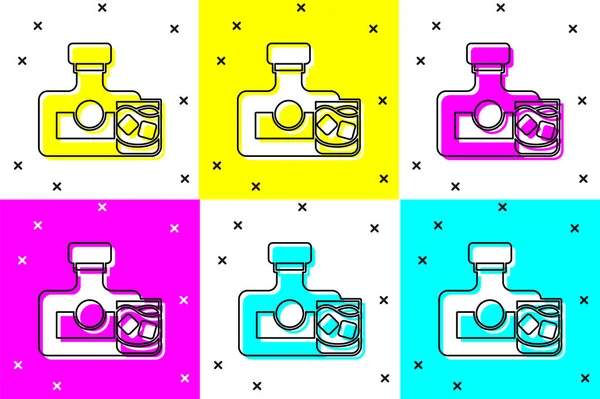 Set Whiskey Bottle Glass Icon Isolated Color Background Vector — Stock Vector