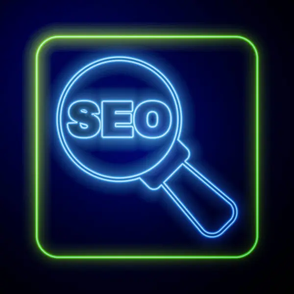 Icono Brillante Optimización Seo Neón Aislado Sobre Fondo Azul Vector — Archivo Imágenes Vectoriales