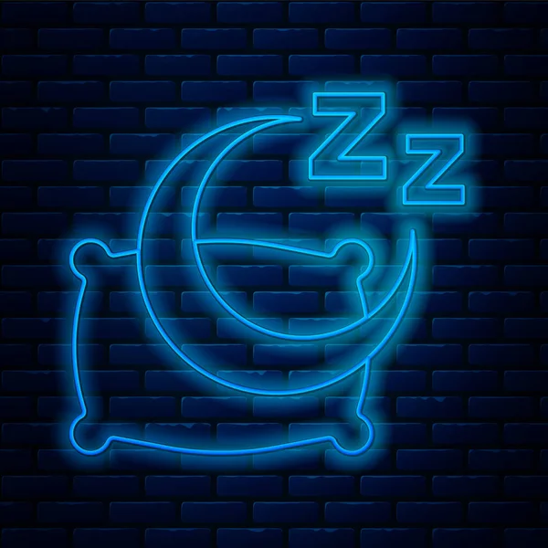 Glowing Neon Line Time Sleep Icon Isolated Brick Wall Background — Stock Vector