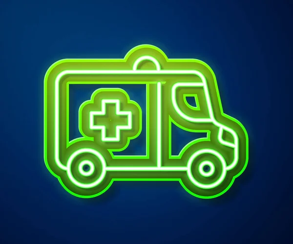 Glödande Neon Line Ambulans Och Nödbil Ikon Isolerad Blå Bakgrund — Stock vektor