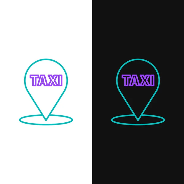 白と黒の背景に隔離されたタクシーアイコンを持つラインマップポインタ 場所のシンボル カラフルなアウトラインコンセプト ベクトル — ストックベクタ