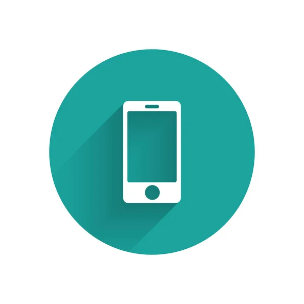 Белый Смартфон Значок Мобильного Телефона Изолирован Длинной Тенью Кнопка Зеленого — стоковый вектор