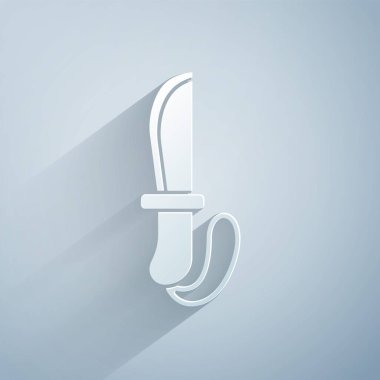 Kağıt kesiği, gri arkaplanda izole edilmiş bıçak simgesi. Ordu bıçağı. Kağıt sanatı tarzı. Vektör.