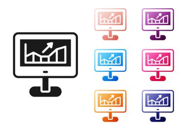 Borsa büyüme grafikleri ve beyaz arka planda izole edilmiş para ikonu olan kara bilgisayar. Ekranda ok grafikleri olan bir monitör. Simgeleri renklendirin. Vektör.