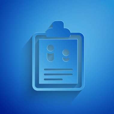 Kağıt Kesiği İş Finans Raporu simgesi mavi arkaplanda izole edildi. Denetim ve analiz, belge, plan sembolü. Kağıt sanatı tarzı. Vektör.