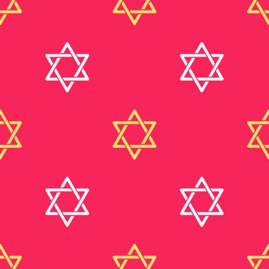 Sarı Davut Yıldızı simgesi kırmızı arkaplanda izole edilmiş. Yahudi dini sembolü. İsrail 'in sembolü. Vektör.