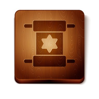 Kahverengi Tevrat kaydırma simgesi beyaz arkaplanda izole edildi. Genişletilmiş Yahudi Tevrat 'ı. David 'in Yıldızı sembolü. Eski parşömen tomarı. Tahta kare düğme. Vektör.