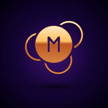 Siyah arkaplanda izole edilmiş altın molekül simgesi. Kimya moleküllerinin yapısı, fen öğretmenlerinin yenilikçi eğitim posteri. Vektör.