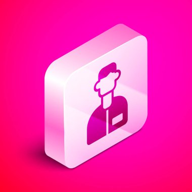 Pembe arka planda izole edilmiş Isometric Laboratuvar yardımcı simgesi. Gümüş kare düğme. Vektör.