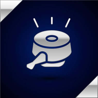 Gümüş bisiklet çanı simgesi koyu mavi arka planda izole edilmiş. Vektör.