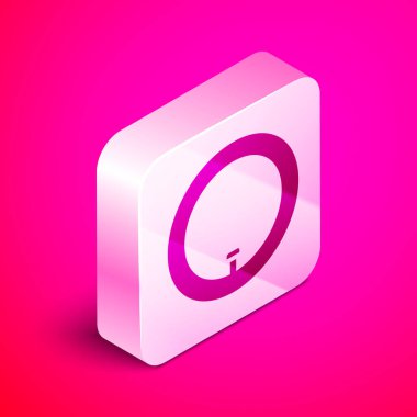 Pembe arka planda izole edilmiş Isome Bisiklet Tekerleği simgesi. Bisiklet yarışı. Tekerlek havası. Spor malzemeleri. Gümüş kare düğme. Vektör.
