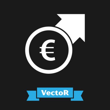 Beyaz Finansal büyüme ve avro sikkesi simgesi siyah arka planda izole edildi. Gelirleri arttırıyorum. Vektör.