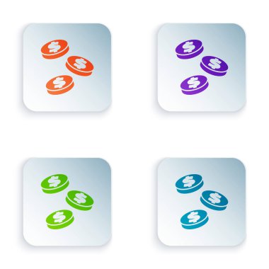 Beyaz arkaplanda dolar sembolü olan renkli madeni para. Bankacılık işareti. Para sembolü. Kare düğmelere renkli simgeleri yerleştir. Vektör.