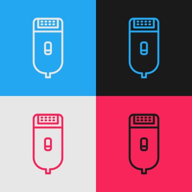 Pop sanat eseri elektrikli saç kırpıcı ya da traş ikonu renkli arka planda izole edilmiş. Berber dükkanı sembolü. Vektör İllüstrasyonu.