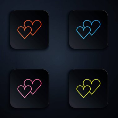 Renkli neon çizgisi kalp simgesi siyah arkaplanda izole edildi. Romantik sembol, bağlanma, tutku ve düğün. Sevgililer Günü sembolü. Kare düğmelere simgeleri yerleştir. Vektör.