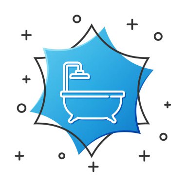 Beyaz çizgili küvet simgesi beyaz arkaplanda izole edilmiş. Mavi altıgen düğmesi. Vektör.