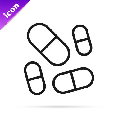 Siyah çizgi, beyaz arka planda izole edilmiş hap kapsülü ikonu vitamin kompleksi. Sağlıklı bir yaşam tarzı. Vektör.
