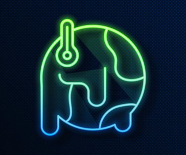 Parlayan neon hattı Gezegen Dünya küresel ısınma ikonuna eriyor mavi arka planda izole edilmiş. Ekolojik problemler ve çözümler - termometre. Vektör.