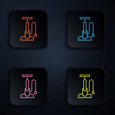 Renkli neon hat bisiklet hava pompası ikonu siyah arkaplanda izole edildi. Kare düğmelere simgeleri yerleştir. Vektör.
