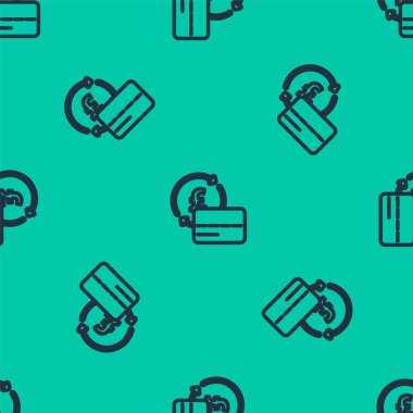 Mavi çizgi kredi kartı simgesi yeşil arka planda kusursuz desen izole etti. Çevrimiçi ödeme. Nakit çekilmesi. Finansal operasyonlar. Alışveriş tabelası. Vektör.