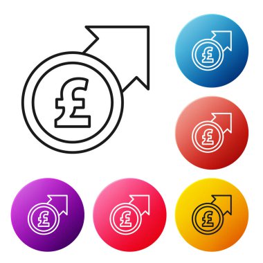 Beyaz arka planda siyah çizgi finansal büyüme ve sterlin madeni para ikonu izole edildi. Gelirleri arttırıyorum. Renkli daire düğmelerini ayarlayın. Vektör.