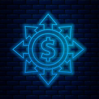 Parlayan neon hattı dolar, paylaşım, ağ simgesi tuğla duvar arka planında izole edilmiş. Vektör.