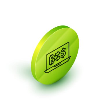 Beyaz arkaplanda izole edilmiş Isometric line Crypto döviz simgesi simgesi. Bitcoin 'den dolar takas simgesine. Kripto para teknolojisi, mobil bankacılık. Yeşil daire düğmesi. Vektör.