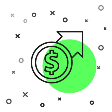 Siyah çizgi finansal büyüme ve dolar madeni para ikonu beyaz arka planda izole edildi. Gelirleri arttırıyorum. Vektör.