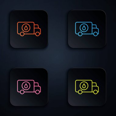 Renkli neon hattı Plumber servis aracı simgesi siyah arkaplanda izole edildi. Kare düğmelere simgeleri yerleştir. Vektör.
