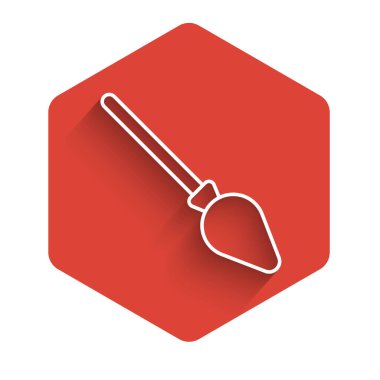 Beyaz çizgi süpürge sapı simgesi uzun gölgeli izole edilmiş. Temizlik hizmeti konsepti. Kırmızı altıgen düğmesi. Vektör.