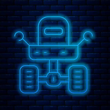 Parlayan neon hattı Mars gezgini simgesi, tuğla duvar arka planında izole edildi. Uzay aracı. Ay yürüyüşü işareti. Gezegen yüzeyini incelemek için bir cihaz. Vektör.