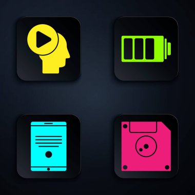 Bilgisayar veri depolama için Disket 'i, çalma tuşu, Tablet ve Pil şarj seviyesi göstergesi olan baş kişileri ayarla. Siyah kare düğme. Vektör.