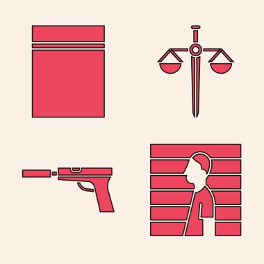 Şüpheli suçlu, plastik torba fermuarlı, adalet terazisi ve tabanca ya da susturucu ikonlu silah. Vektör.