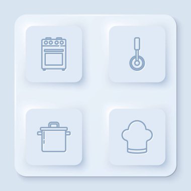 Fırın, pizza bıçağı, tencere ve şef şapkası. Beyaz kare düğme. Vektör.