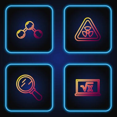 X glifinin kare kökü, büyüteç, molekül ve radyasyonlu Üçgen 'i ayarlayın. Renk simgeleri. Vektör.