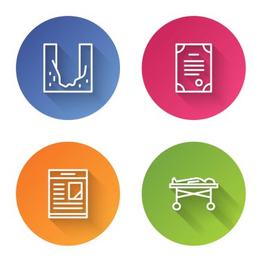 Mezarlık, mezar çukuru, ölüm belgesi, ölüm ilanları ve morgda bir ceset bulundu. Renkli daire düğmesi. Vektör.