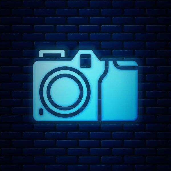 Gloeiende Neon Foto Camera Pictogram Geïsoleerd Baksteen Muur Achtergrond Foto — Stockvector