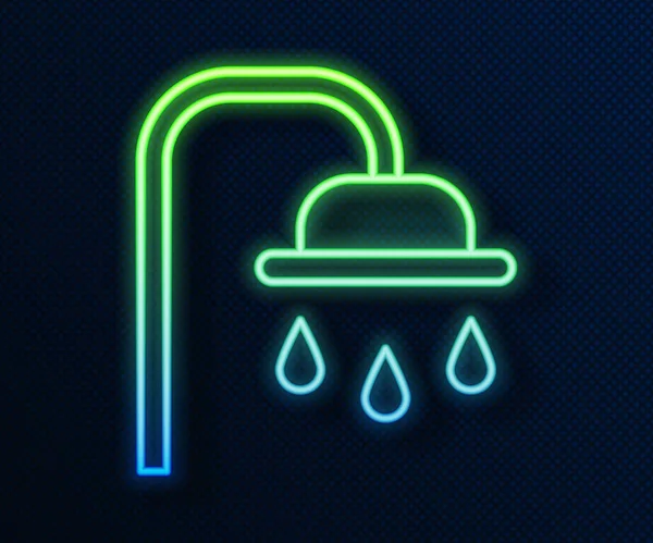 Gloeiende Neon Lijn Douchekop Met Waterdruppels Stromend Pictogram Geïsoleerd Blauwe — Stockvector