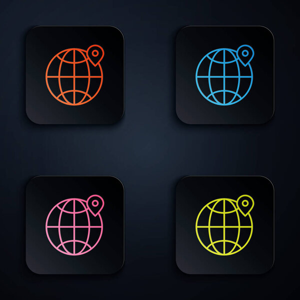 Color neon line Location on the globe icon isolated on black background. World or Earth sign. Set icons in square buttons. Vector Illustration.